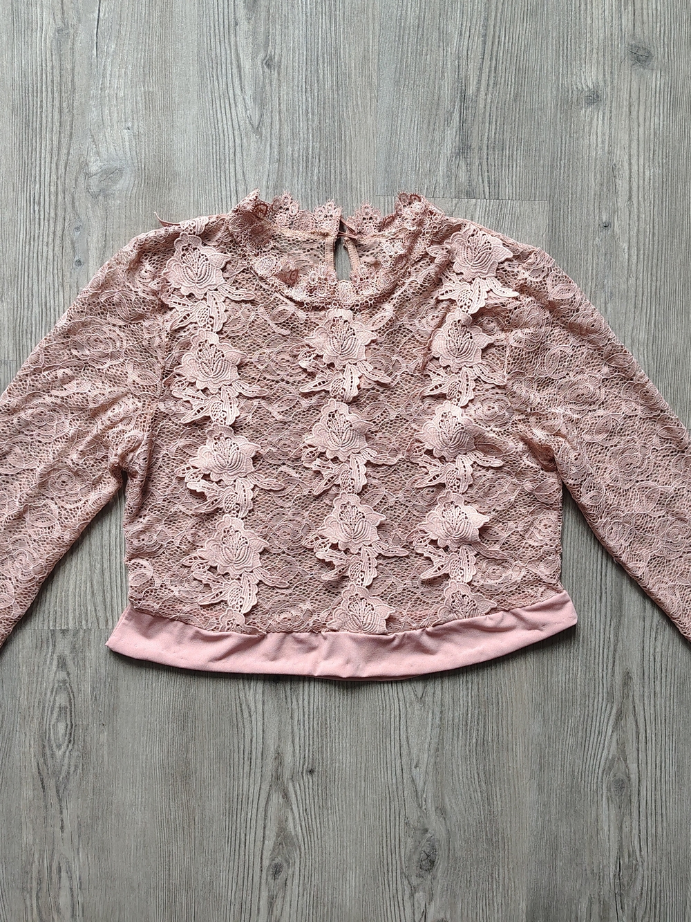 Ambiance Women's Long Sleeve Embroidered Lace Cropped Blouse, Pale Pink, Size L